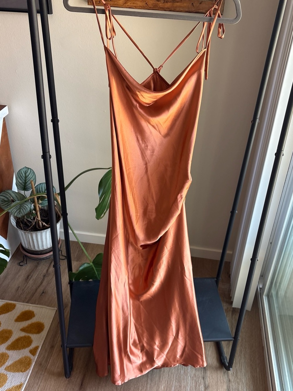 Orange cowl neck wedding guest dress